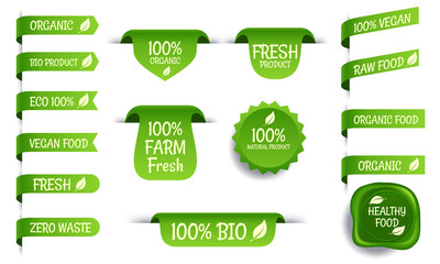 Collection of Green Healthy Organic Natural Eco Bio Food Products Label Stamp