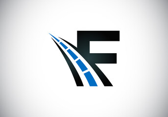 Letter F with road logo sing. The creative design concept for highway maintenance and construction. Transportation and traffic theme.
