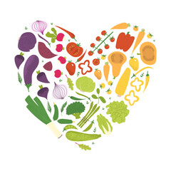 Heart shaped veggie set. Healthy vegan eating awareness poster. Color spectrum of vegetables: tomato, carrot, pepper, broccoli, onion, eggplant. Healthy salad ingredients.