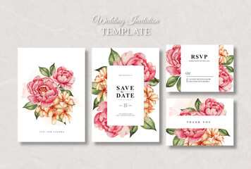 wedding invitation card set template with peony watercolour © StwStudio