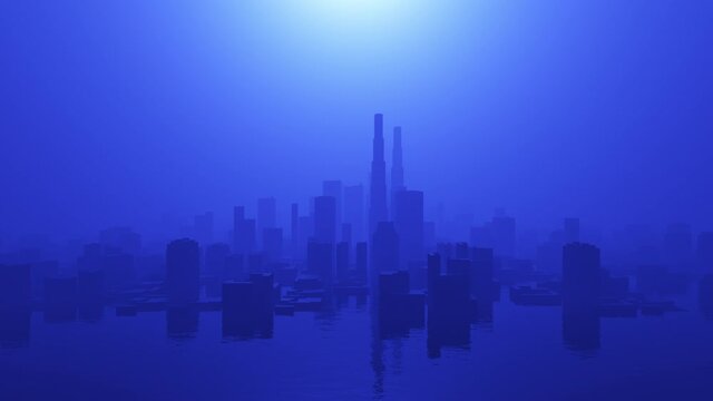 Blue Surreal 3D Looping Cityscape Flooded with Water In Hazy Fog Background