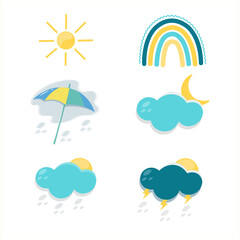 Clear sky and precipitation icons set. Seasonal weather forecast, weather report. Suitable for lnt and autumn. Forecast of the state of the atmosphere. Isolated vector illustrations.