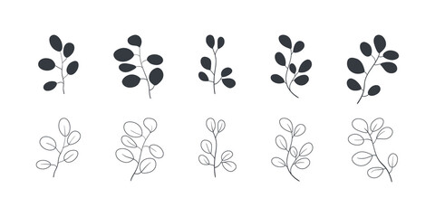 Fototapeta na wymiar Leaves sign. Eucalyptus leaves. Set of leaves icons linear and flat style. Vector illustration