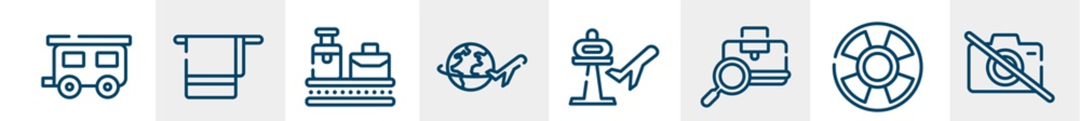 airport line icons such as house trailer, bath towel, null, airplane travel around the world, airport, no photos outline vector sign. symbol, logo illustration. linear style icons set. pixel perfect
