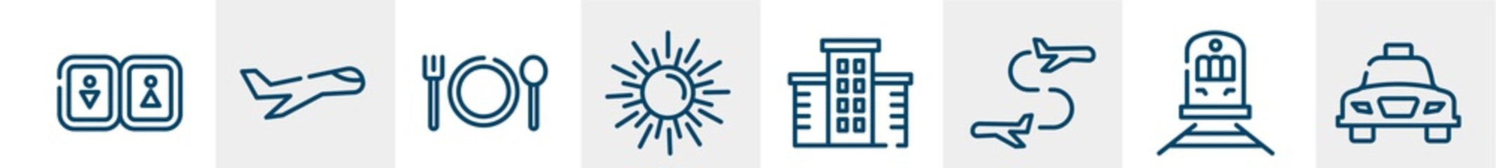 holidays line icons such as toilets, aviation, plate with fork and knife cross, spring sun, hotel, taxi transportation outline vector sign. symbol, logo illustration. linear style icons set. pixel