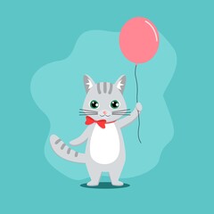 Cute gray kitten with balloon. Vector illustration in cartoon style on blue background, for baby shower, greeting card, party invitation. Character for children