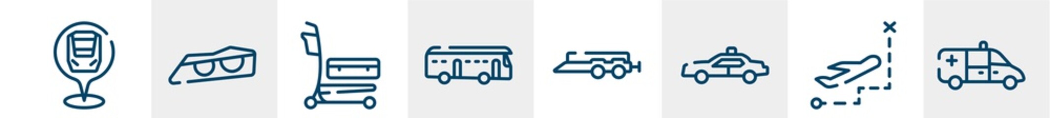 transporters line icons such as checkpoint, car lights, airport cart, checker, car trailer, ambulance side view outline vector sign. symbol, logo illustration. linear style icons set. pixel perfect © VectorStockDesign