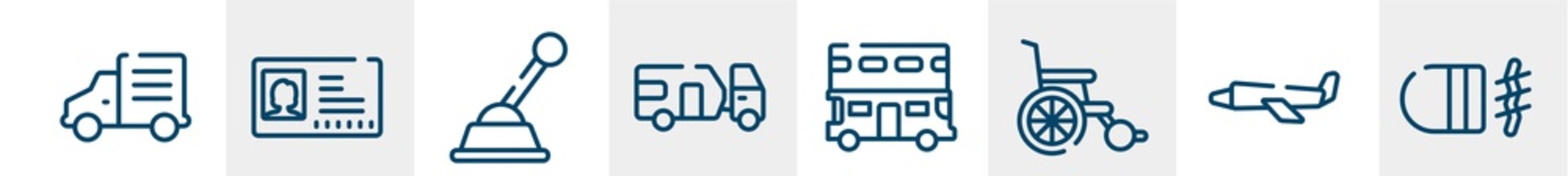 vehicles transport line icons such as mini truck, driving pass, gearshift, touristic, double decker, fog lamp outline vector sign. symbol, logo illustration. linear style icons set. pixel perfect