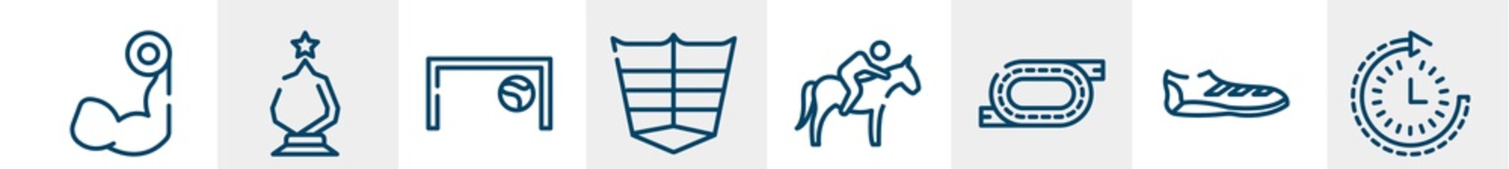 gym line icons such as biceps curl, glass award, football goal, abs, horse riding, routine outline vector sign. symbol, logo illustration. linear style icons set. pixel perfect vector graphics.