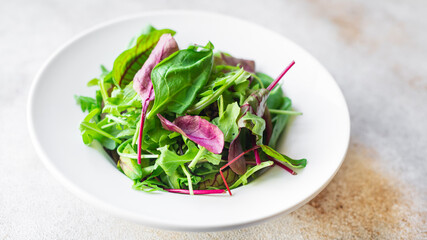fresh green salad leaves in a plate on the table healthy meal copy space food background rustic. top view keto or paleo diet veggie vegan or vegetarian food