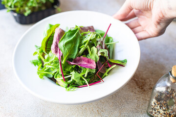 fresh green salad leaves in a plate on the table healthy meal copy space food background rustic. top view keto or paleo diet veggie vegan or vegetarian food