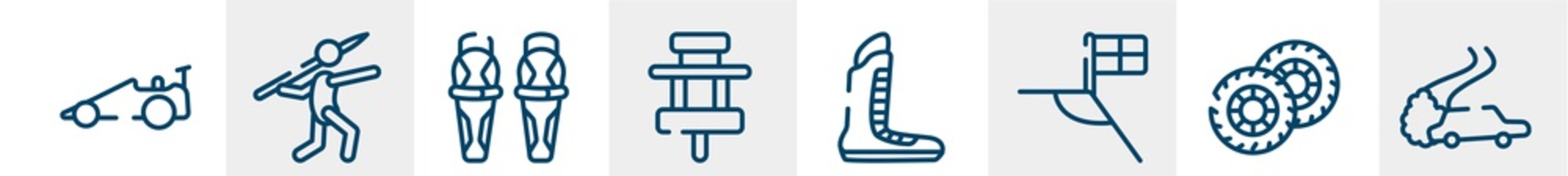 racing line icons such as drag racing, javelin, shin, paddock, boxing shoe, drifting outline vector sign. symbol, logo illustration. linear style icons set. pixel perfect vector graphics. © VectorStockDesign