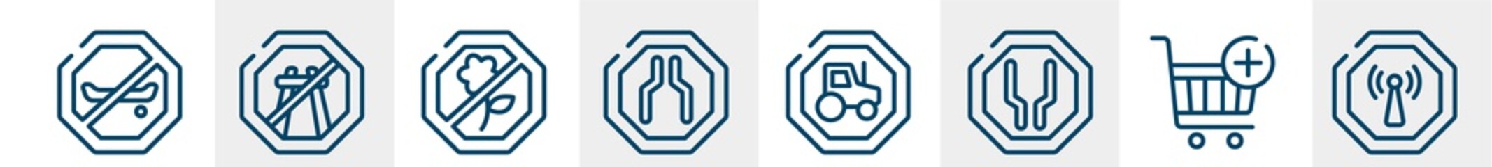 health and safety line icons such as no skating, end motorway, no picking flowers, narrow, heavy vehicle, non ionizing radiation outline vector sign. symbol, logo illustration. linear style icons