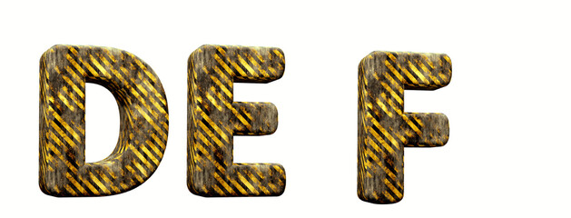 Industrial alphabet. Letters D, E, F in 3d render. White background. Path save.