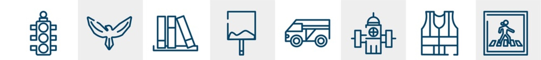 us road signs line icons such as semaphore light, hawk, three books, uneven, minivan taxi, pedestrian crossing outline vector sign. symbol, logo illustration. linear style icons set. pixel perfect