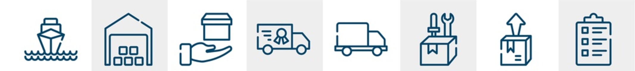 delivery line icons such as ocean transportation, distribution center, delivery in hand, charter, free delivery truck, packing list outline vector sign. symbol, logo illustration. linear style icons