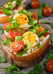 Sandwiches with soft cottage cheese or cheese, tomatoes, arugula and egg, sprinkled with sesame seeds are placed on a rustic wooden board. Healthy food, toast bruschetta, close-up selective focus