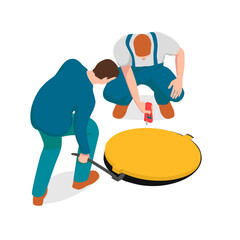 Two men are checking the manhole. One worker is lifting a hatch with a crowbar and other is checking for leaks on a white background. 