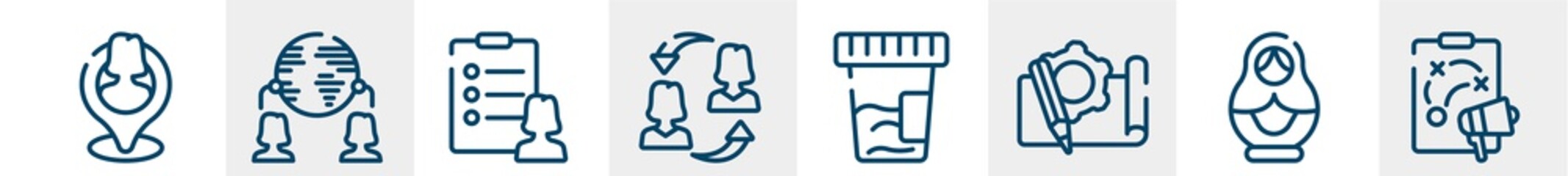 general line icons such as placement, outsourcing, profile list, on coaching, urine test, marketing plan outline vector sign. symbol, logo illustration. linear style icons set. pixel perfect vector