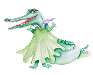 a watercolor funny crocodile in
a green dress