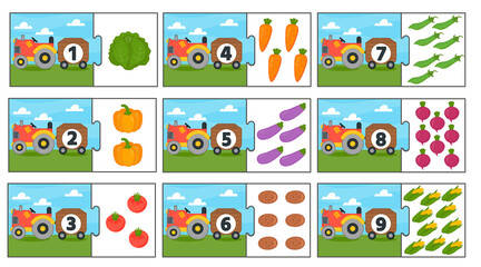 Education match game for kids. Counting from 1 to 9. Count the vegetables in the tractor. Collection puzzle with numbers and vegetables. Puzzle Game, Mosaic