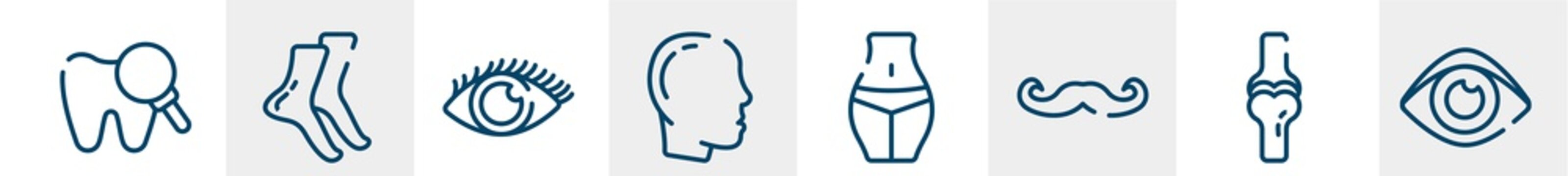 medical icons line icons such as zoom on tooth, tiptoe feet, eye with enlarged pupil, male with bald hair side view, female hips and waist, human eye shape outline vector sign. symbol, logo