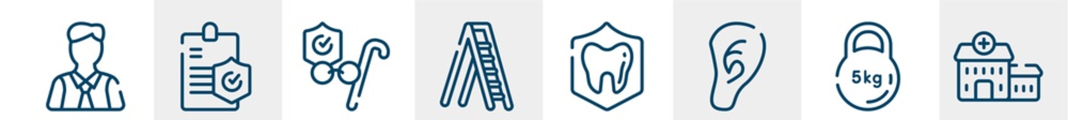 health line icons such as executive man, medical insurance, retirement, mechanical ladder, dental insurance, health center outline vector sign. symbol, logo illustration. linear style icons set.