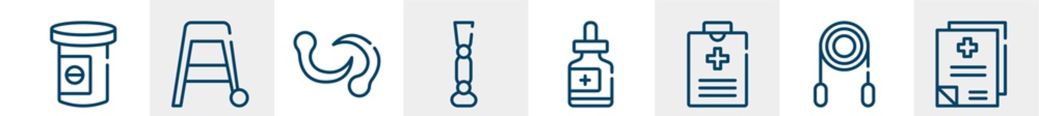 medical services line icons such as antidepressants, walker, leech, prosthesis, fluid, medical records outline vector sign. symbol, logo illustration. linear style icons set. pixel perfect vector