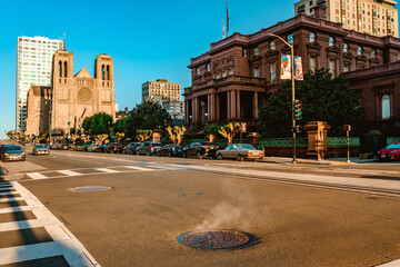 Steam from a manhole on a San Francisco street in the morning