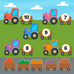 Education match game for kids.  Count the vegetables in the tractor. Cut and glue correct answer. Collection puzzle with numbers and vegetables. Puzzle Game, Mosaic.