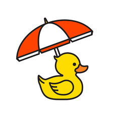 Yellow rubber duck icon with beach umbrella - 443874354