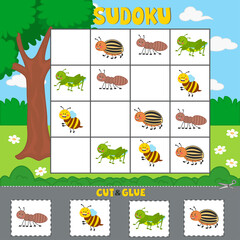 Educational logical game for children with funny insects. Sudoku. Vector illustration. Printable worksheet.