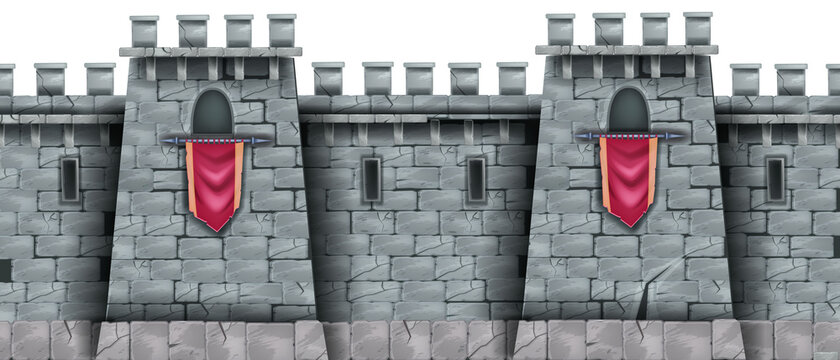 Stone castle wall seamless background, medieval city brick fortification tower, standard, loophole. Rock ancient building, fantasy game illustration, architecture exterior view. Solid castle wall