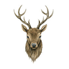Deer animal portrait. Watercolor illustration. Hand drawn stag front view. Forest beautiful deer head element. Male stag with horns. Wildlife animal portrait on white background