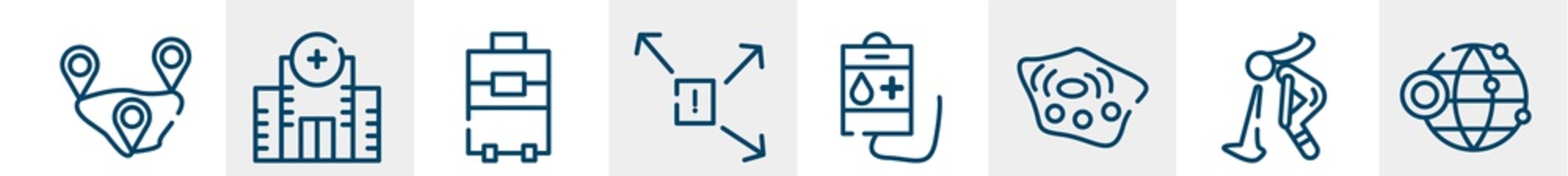 line icons such as distance, hospital, suitcase, spread, blood bag, website outline vector sign. symbol, logo illustration. linear style icons set. pixel perfect vector graphics.