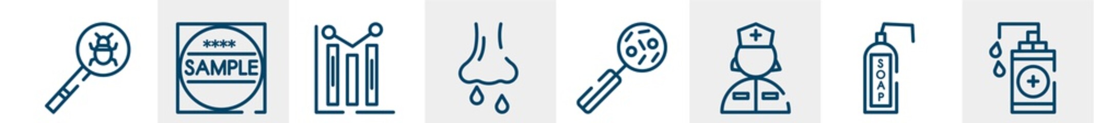 line icons such as virus search, sample, graph, rhinitis, disease, hand sanitizer outline vector sign. symbol, logo illustration. linear style icons set. pixel perfect vector graphics.