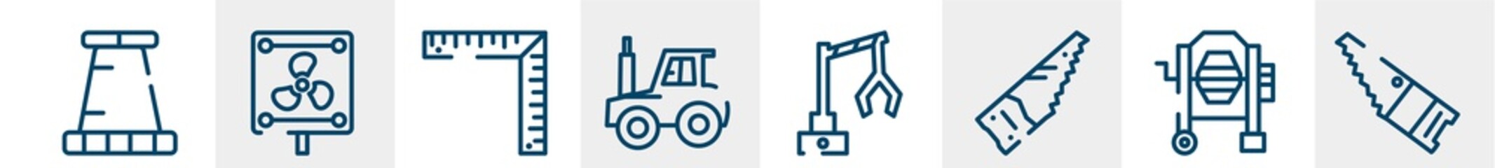 work tools line icons such as road stopper, vent, angle ruler, tractor side view, backhoes, band saw outline vector sign. symbol, logo illustration. linear style icons set. pixel perfect vector