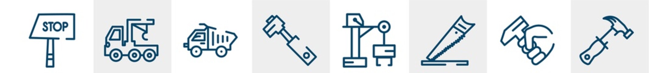 work tools line icons such as stop hand drawn, truck with crane, construction materials transport, tool diagonal, big derrick with boxes, hammer tool outline vector sign. symbol, logo illustration.