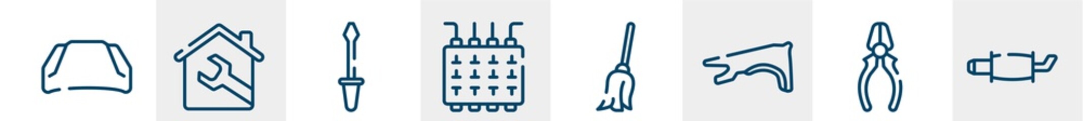 car repair line icons such as hood, house, garage screwdriver, fuse box, cleaning mop, exhaust pipe outline vector sign. symbol, logo illustration. linear style icons set. pixel perfect vector