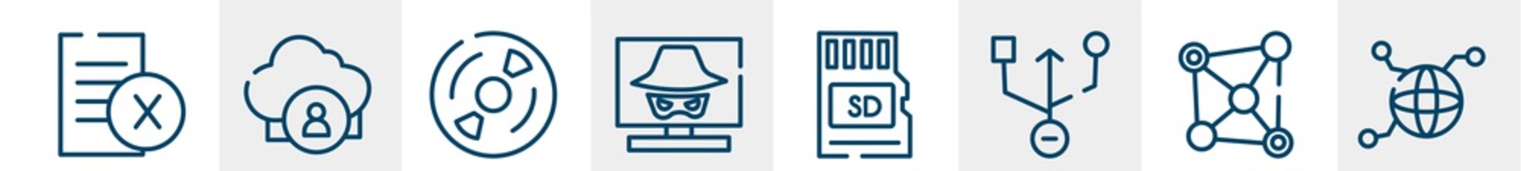 computer line icons such as delete file, cloud user, cds, hacking, micro card, connected outline vector sign. symbol, logo illustration. linear style icons set. pixel perfect vector graphics.