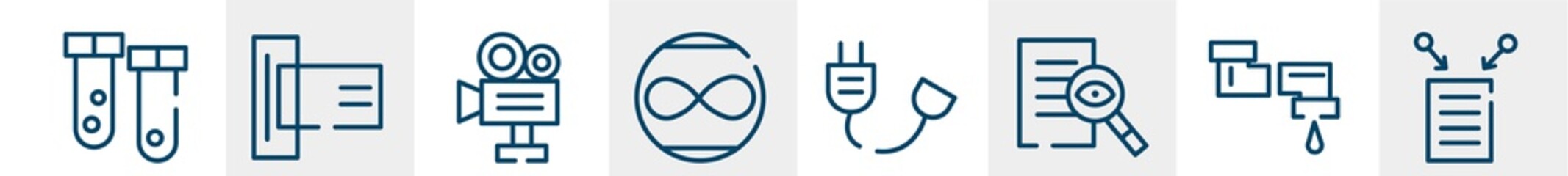 Obraz premium digital services collection. line icons such as test tubes, card reader, video production, unlimited, power cable, data collection outline vector sign. symbol, logo illustration. linear style icons