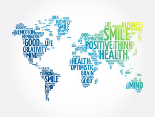Fototapeta na wymiar Positive thinking word cloud in shape of world map, creative concept background