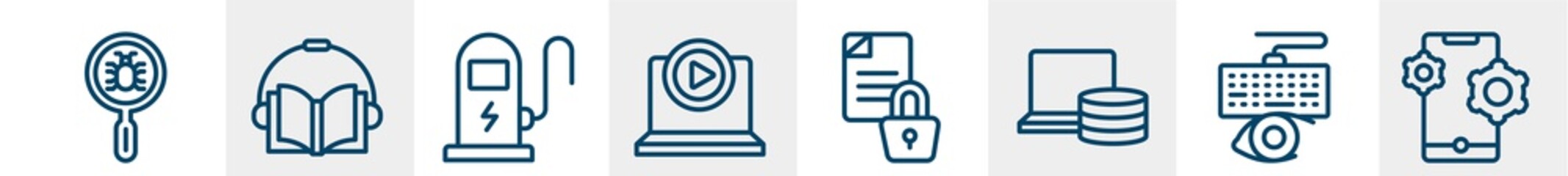 web development line icons such as malware, audiobook, electric station, tutorial, encrypted data, feature outline vector sign. symbol, logo illustration. linear style icons set. pixel perfect