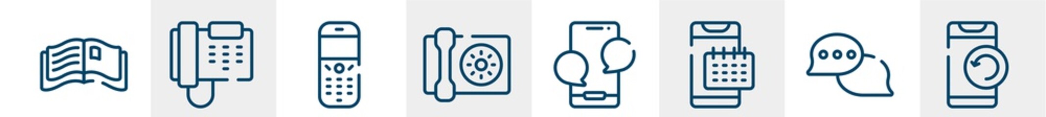 smartphones line icons such as open magazine, business phone, old phone speaker, wall phone, with message, with refresh arrows outline vector sign. symbol, logo illustration. linear style icons set.