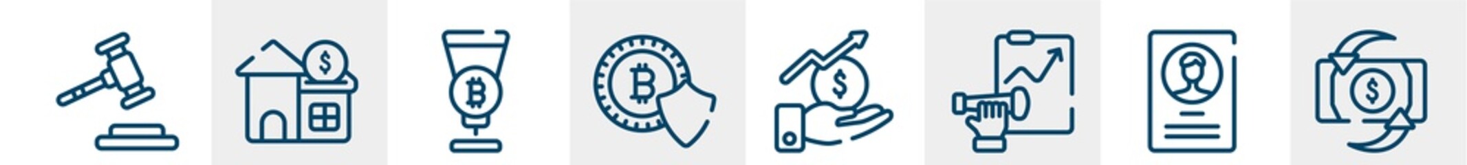 investing line icons such as gavel, reit, passion, cryptocurrency, stock market, return on investment outline vector sign. symbol, logo illustration. linear style icons set. pixel perfect vector