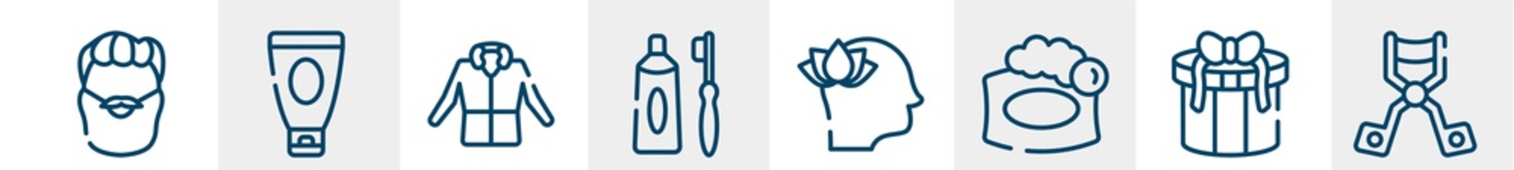 beauty line icons such as man with moustache and bear, shaving cream, parka, tooth paste and brush, mindfulness, eyelash curler outline vector sign. symbol, logo illustration. linear style icons