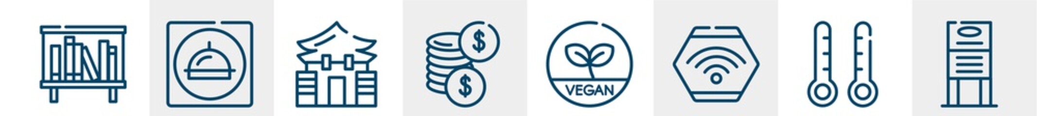 restaurant elements line icons such as bookshelves, restaurant app, memorial hall, dollar coins, vegetarian, daily specials board outline vector sign. symbol, logo illustration. linear style icons
