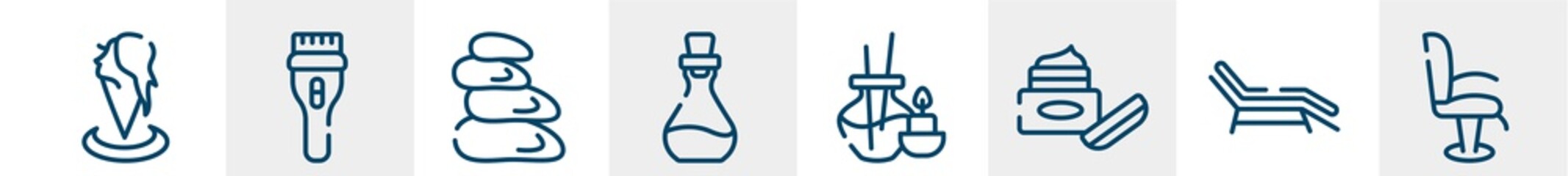 hair salon line icons such as hair salon, clipper, hot stones, essence, aromatherapy, chair side view outline vector sign. symbol, logo illustration. linear style icons set. pixel perfect vector