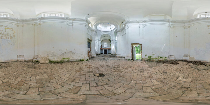 Full spherical seamless hdri panorama 360 degrees view inside of empty concrete structures of abandoned ruined building of church with white walls in equirectangular projection,