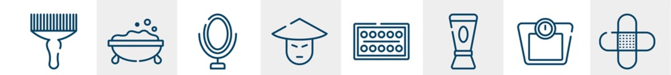 beauty line icons such as afro pick, foam, mirrors, asian, paints, band aid outline vector sign. symbol, logo illustration. linear style icons set. pixel perfect vector graphics.